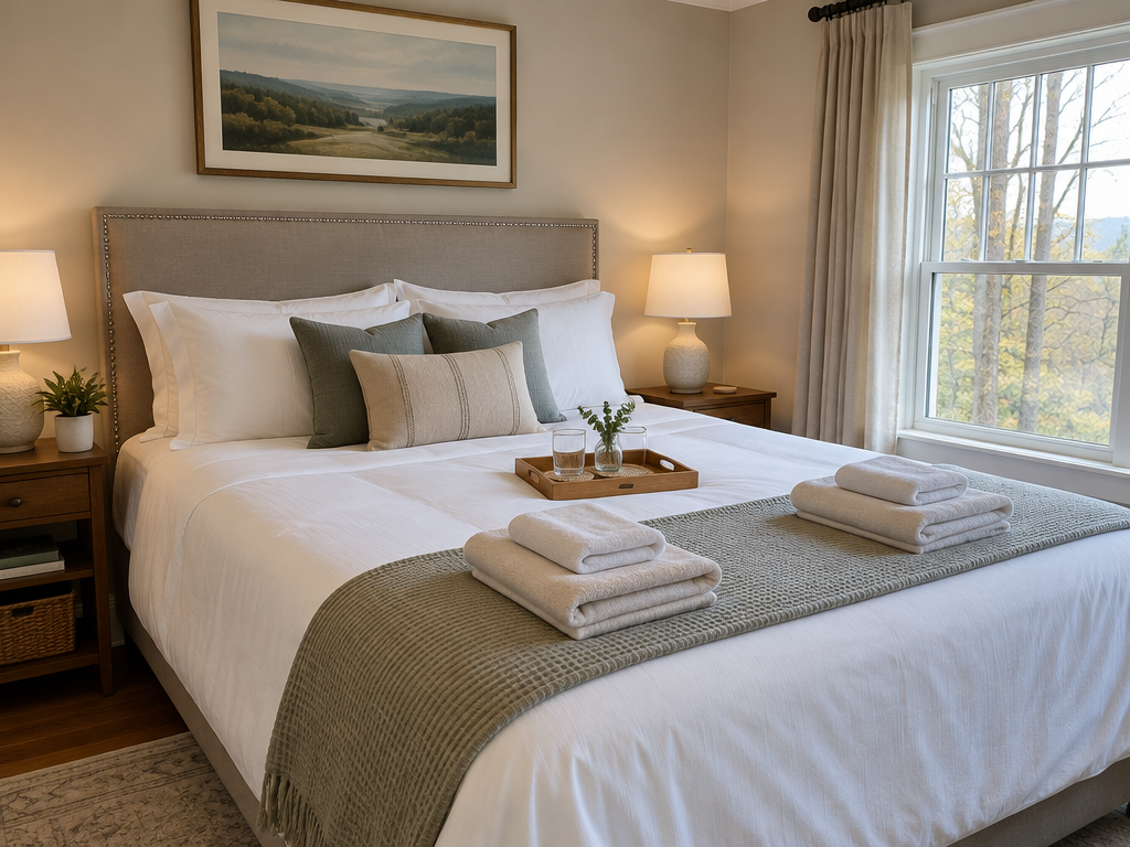 Freshly prepared short-term rental bedroom with clean linens and folded towels