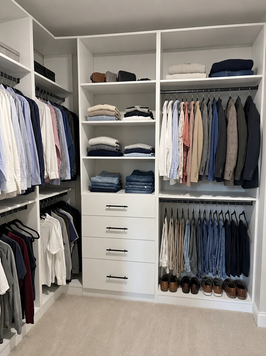 Walk-in closet professionally organized by Elite