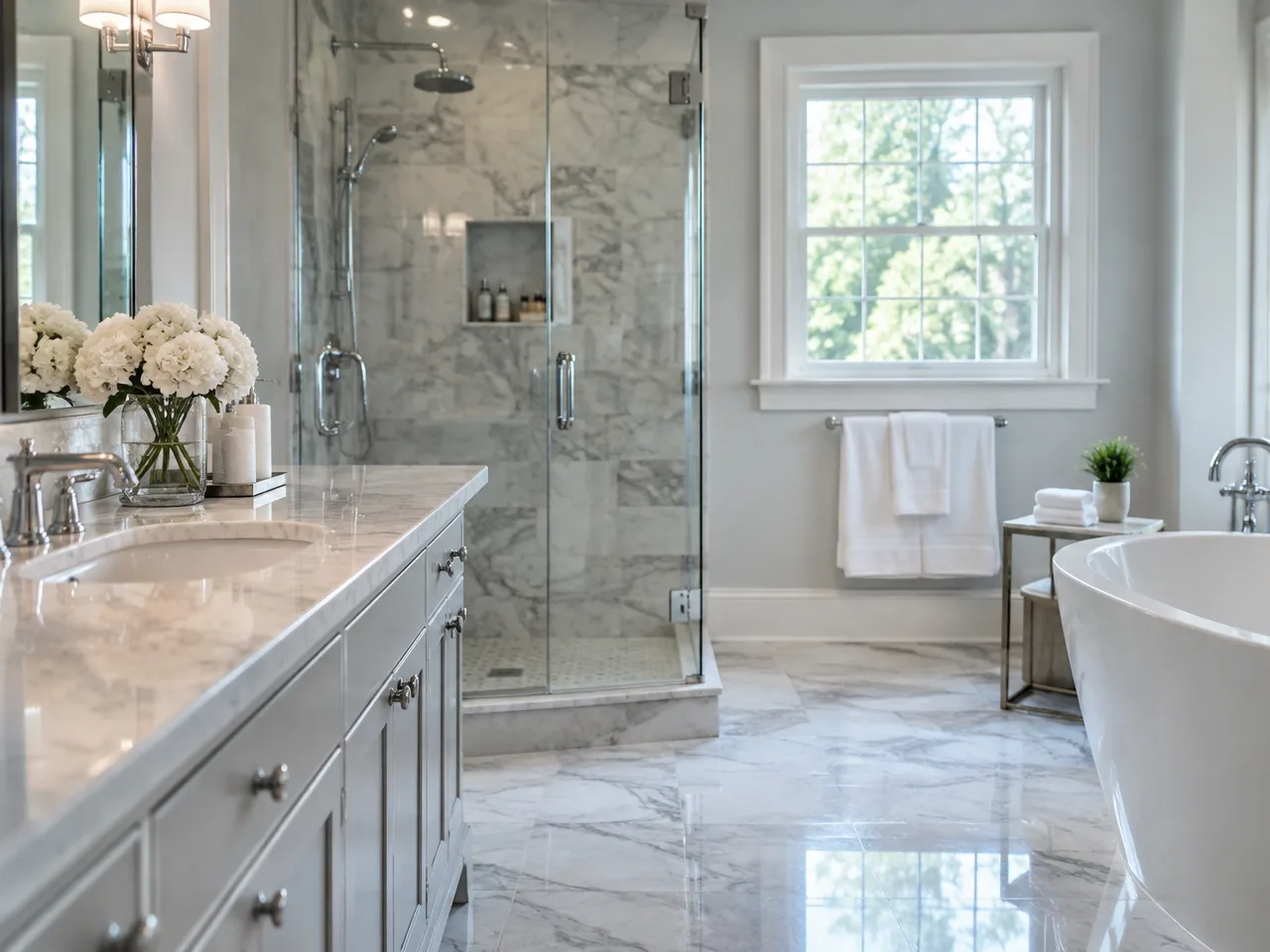 Spotless marble bathroom with gleaming glass shower and polished fixtures after a deep cleaning