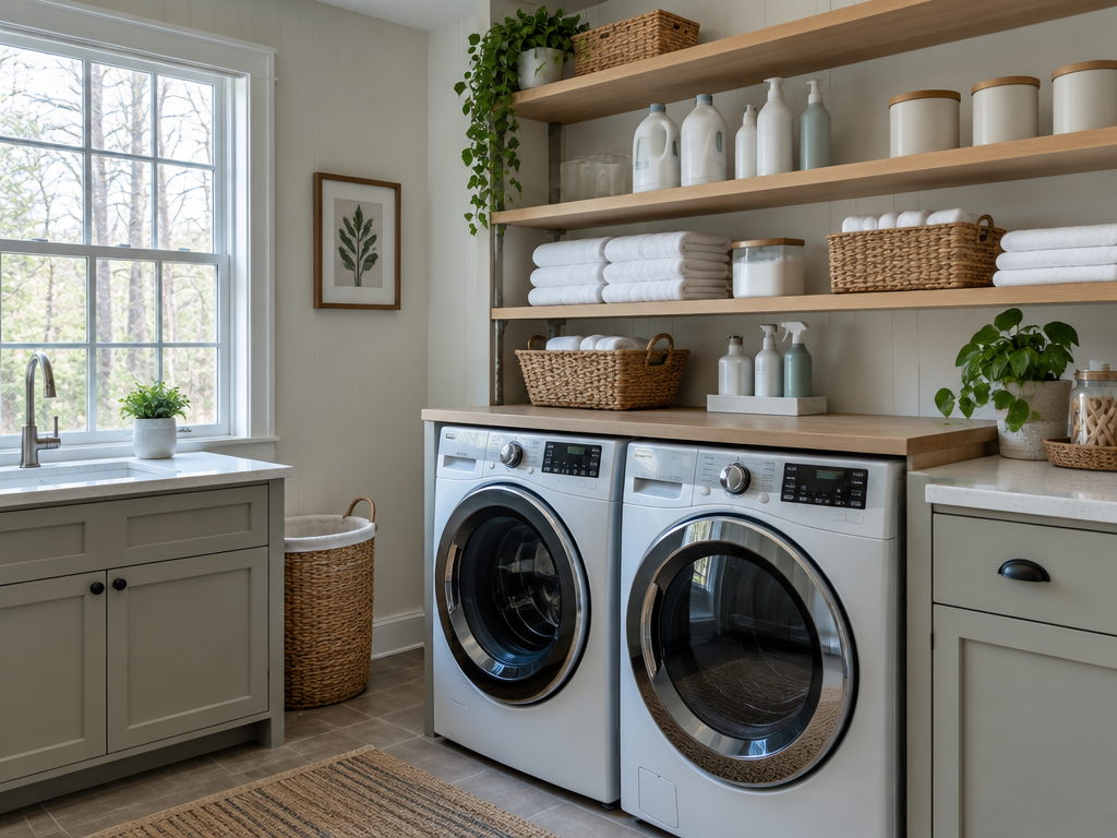 Organized laundry room with washer, dryer, folded linens, and storage baskets