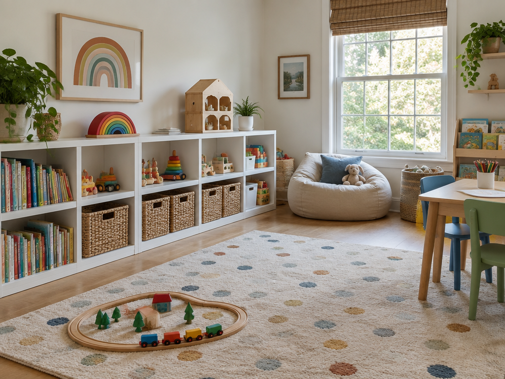 Organized playroom with toys, books, baskets, and practical activity zones