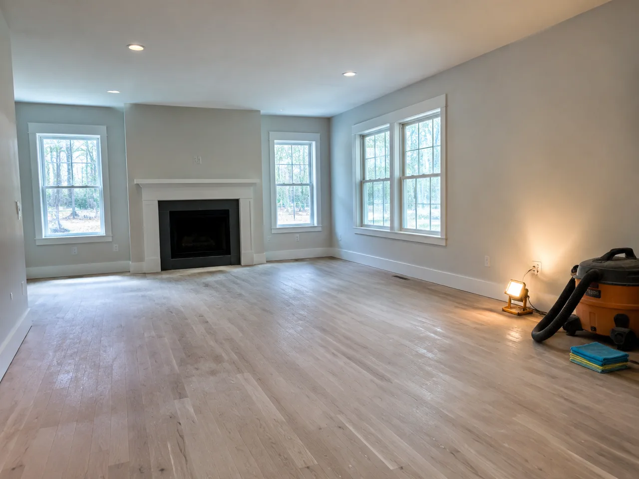 Newly renovated room with fresh floors and construction dust being cleaned by Elite